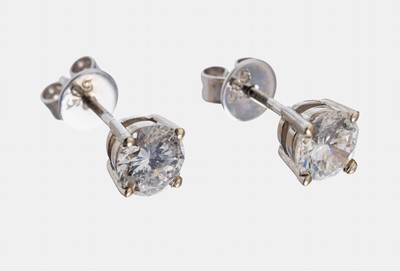 Paar 14 kt Gold Brillant-Ohrstecker, WG 585/000, 2 Brillanten zus. ca. 0.83 ct Weiß/si-p1