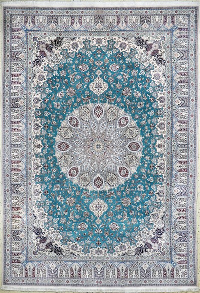 Nain fein(6 La) Persien, signiert"Habibian", Ende 20.Jhd, Korkwolle mitSeide, ca. 305 x 213 cm, ca. 1,0 Mio. Kn/qm, EHZ: 1-2(Fleck am Rand)