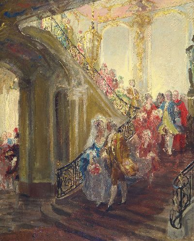 Ferdinand Brütt, 1849 Hamburg-1936 Bergen, Studie zum Gemälde "Der Brautzug" (WVZ 1881.1), um 1881, Rokokogesellschaft beim ...