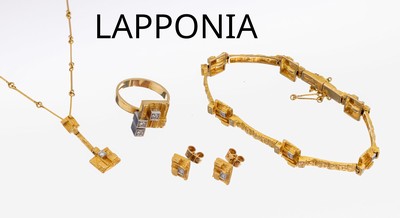 18 kt Gold LAPPONIA Diamant-Konvolut, GG/WG750/000, typ. abstraktes Design, best. aus: 1 Ring, RW 54, 2011, 3 in WG gefasste Brillantenzus. ca. 0.15 ...