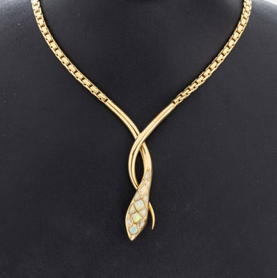 18 kt Gold Opal-Diamant-Schlangencollier, GG 750/000, Kopf ausgefasst mit Opalen zus. ca. 2.0 ct, Farbspiel in rot, grün, blau und gelb, 2 ...