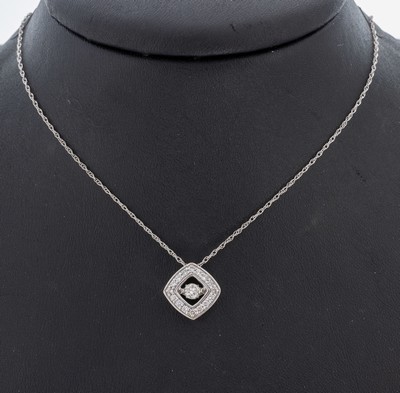 14 kt Gold Diamant-Anhänger, WG 585/000, Brillant umgeben von 8/8-Diamanten zus. ca. 0.45 ct Weiß/si, an Kette, WG 585/000, L. ca. 42 cm, ...