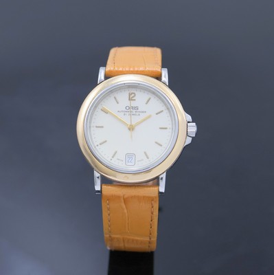 ORIS Armbanduhr in Edelstahl/Gold, Schweiz um 1990, Automatik, beids. vergl. Geh., Boden aufgedr., neutr. Lederband m. orig. Dornschl., cremefarb. ...