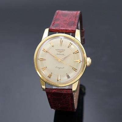 LONGINES Conquest Armbanduhr in GG 750/000 Referenz 9001, Schweiz um 1958, Automatik, Boden m. Emailplakette verschr., orig. Krone, silb. Zifferbl. ...
