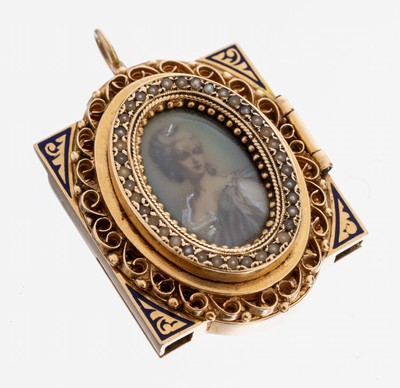 14 kt Gold Medaillon-Anhänger, USA um 1910-20, GG 585/000, rechteckige Grundform, part. dunkelblaues Email, ovaler aufklappbarer Deckel mit ...