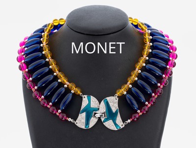 Modeschmuckcollier MONET, 1970er Jahre, wohl Entwurf für Yves Saint Laurent, bunte Kunststoffperlen- und Oliven, Vorderschließe Metall verchromt, ...