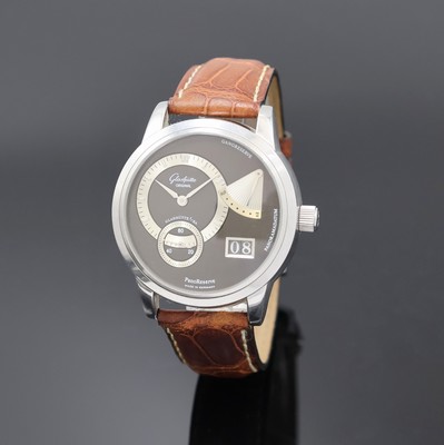 GLASHÜTTE PanoReserve Herrenarmbanduhr Referenz 650020204, Deutschland verk. lt. Pap. 02/2006, Handaufzug, Edelstahlgeh. inkl. Lederband m. ...