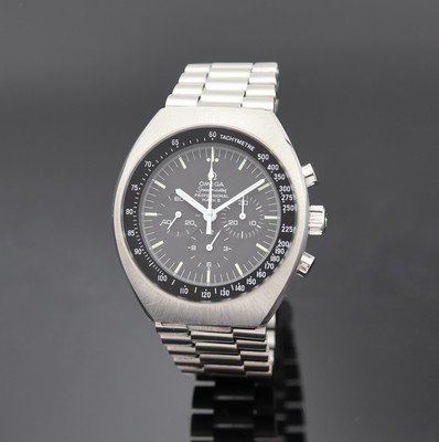 OMEGA Speedmaster Mark II Armbandchronograph, Schweiz um 1970, Handaufzug, Edelstahlgeh., Boden verschr., orig. Stahlband m. Faltschl., schwarzes ...