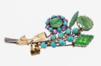 Türkis-Jade-Amethyst-Brosche, Silber gepr.,part. verg., Darstellung eines Blumenstrauß, Türkis-Cabochons in versch. Größen und ...