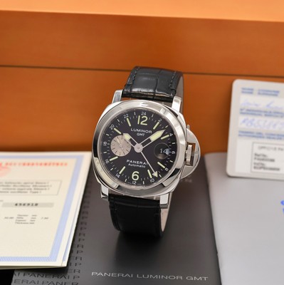 PANERAI Luminor GMT Herrenarmbanduhr Referenz PAM00088, Schweiz um 2007, Automatik, Edelstahlgeh. inkl. neutr. Lederband m. orig. dopp. Faltschl., ...