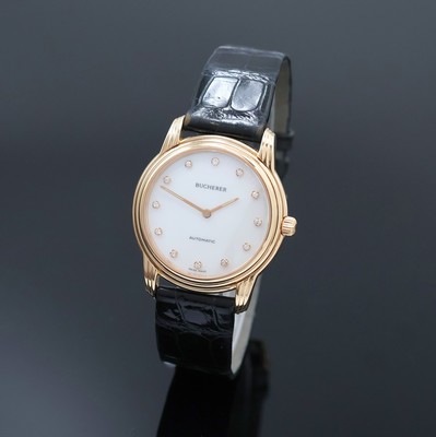 BUCHERER elegante Armbanduhr in RG 750/000, Schweiz um 1995, Automatik, beids. vergl. Geh. inkl. orig. Lederband m. orig. RG 750/000 Dornschl., Boden ...