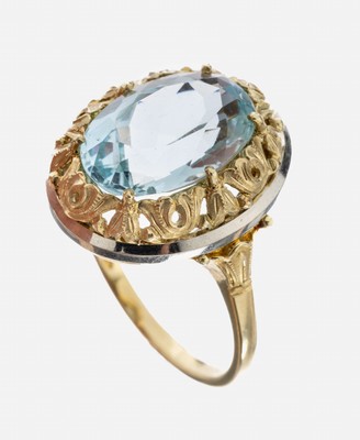 14 kt Gold Aquamarin-Ring, GG/WG 585/000, ovalfacett. Aquamarin ca. 4.0 ct, seitl. durchbrochen gearbeitet, RW 56, ca. 4.8 g