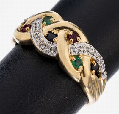 14 kt Gold Farbstein-Diamant-Ring, GG 585/000, 3 rundfacett. Saphire, 2 rundfacett. Smaragde und 2 rundfacett. Rubine zus. ca. 0.14 ct, 15 ...