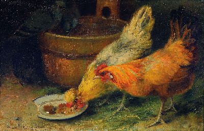 Marie Nestler-Laux, geb. 1852 Wiesbaden, zwei Hühner im Stall, Öl/Lwd, links unten sign., mit kleineren Farbfehlstellen, ca. 46x70cm, R. ca. 66x89cm