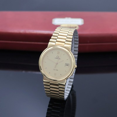 OMEGA De Ville vergoldete Armbanduhr, Schweiz um 1985, quarz, Geh. inkl. verg. orig. Gliederband, Boden 4-fach verschr., goldfarb. Zifferbl. m. gold. ...