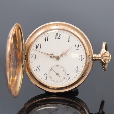 DÜRRSTEIN & Co. Savonette in RG 333/000, Schweiz um 1910, guill. Geh. dell., Sprungdeckel mit grav. Monogramm, Metallcuvette, Sprungdeckel innen m. ...