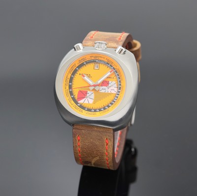 SORNA Herrenarmbanduhr in Stahl, Schweiz um 2020, Automatik, Edelstahlgeh., Boden verschr., Drücker f. Monat u. Tag, Innenlünette m. ...