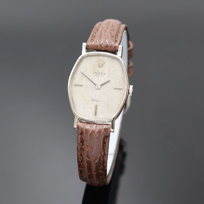 ROLEX Cellini Damenarmbanduhr in WG 750/000 Referenz 3887, Schweiz um 1970, Handaufzug, 2-tlg. Geh., Boden aufgedr., orig. Krone, silb. ...