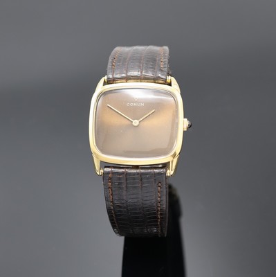CORUM Armbanduhr in GG 750/000, Schweiz um 1970, Handaufzug, 2-tlg. Geh., Boden aufgedr., orig. Krone m. Schmuckstein, braunes Zifferbl. am Rand ...