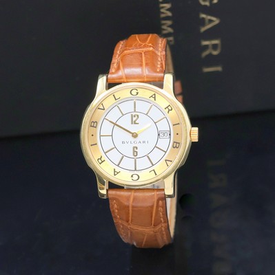 BULGARI Solotempo Armbanduhr in GG 750/000 Referenz ST35G, Schweiz um 2010, quarz, 2- tlg. Geh., Boden dell. aufgedr., orig. Lederband m. Stiftschl. ...