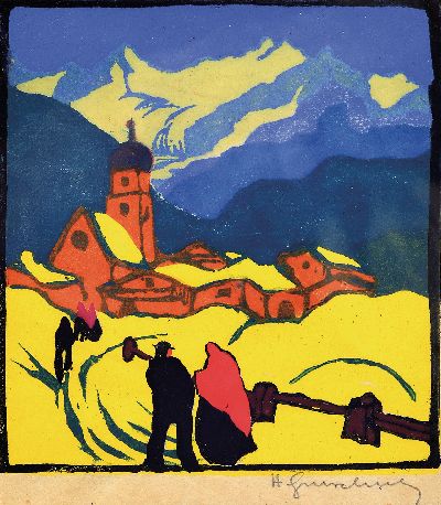 Herbert Gurschner, 1901 Innsbruck-1975 London , Farbholzschnitt, "Wintertag", handsigniert, Blindstempel Kunstverlag Wohlgemuth & Lissner, ...