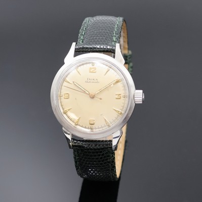 DOXA Herrenarmbanduhr in Stahl, Schweiz um 1960, Automatik, Boden verschr., silb. Zifferbl. pat./fl., gold. Std.-Ind. u. Leuchtpunkte, gold. ...