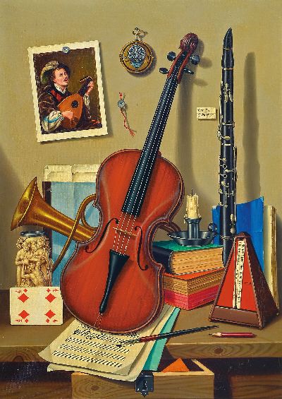 Tito Salomoni, italienischer Künstler, 1920-1989, fotorealistisches Stillleben mit Geige, Horn, Klarinette, Metronom, Noten, Spielkarten u.a., ...
