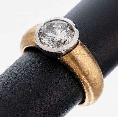 Massiver 18 kt Gold Brillant-Ring, GG 750/000, Brillant in Pt gefasst ca. 2.55 ct l.get.Weiß/p2, Ringschiene gebürstet, RW 58, ca. 17.7 g