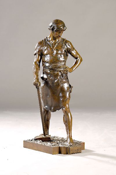 Bronzefigur von Emile Picault, 1833-1915, Pax et Labor, Darstellung eines Schmiedes, signiert, H. ca. 73cm