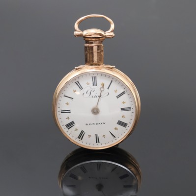PRIOR London vergoldete Spindeltaschenuhr, um 1820, Schlüsselaufzug, glattes Geh., Übergeh. fehlt, Emailzifferbl., röm. Zahlen, verg. Werk m. ...