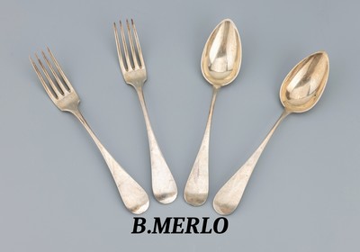 Besteck für 6 Personen, Italien, um 1950, 800er Silber, 6 Menuegabeln und 6 Menuelöffel,schlichtes zeitloses Design, Hersteller B.Merlo, Mailand, ...