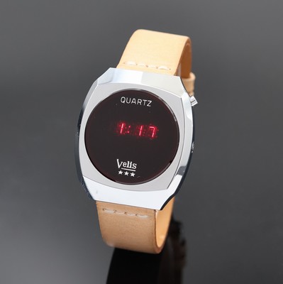 VELIS Herrenarmbanduhr mit LED-Anzeige in Stahl, Schweiz um 1975, quarz, Boden aufgedr., digitale Anzeige v. Zeit, Monat u. Datum, Einstellung d. ...