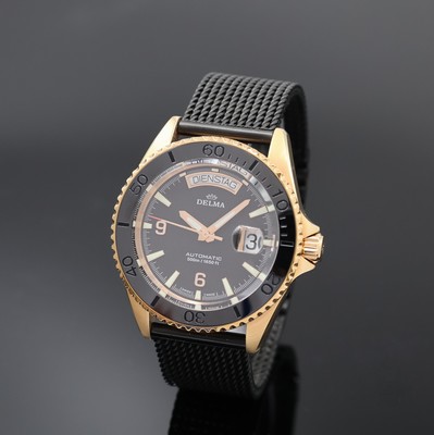 DELMA Santiago Day Date auf 100 Stück limitierte Herrenarmbanduhr Referenz 43801.696.6, Schweiz um 2019, Automatik, verg. Geh. beids. vergl., Boden ...