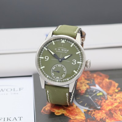 C.H. WOLF Pilot Green Herrenarmbanduhr in Stahl, Deutschland verk. lt. beil. Garantie 07/2015, Handaufzug, beids. vergl. Geh., orig. Band m. ...
