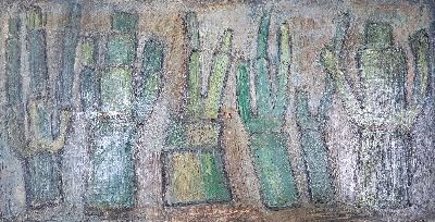 Drei Arbeiten von Charlotte Rödel-Voss, Komposition mit Schachtelhalm-Gewächsen, Öl/Platte, ca. 28x53 cm, Frau mit Säbel, Öl/Platte, ca. 43x35 ...