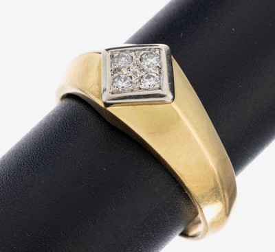 18 kt Gold Brillant-Ring, GG/WG 750/000, 4 Brillanten in WG gefasst zus. ca. 0.10 ct Weiß/si, RW 66, ca. 6.4 g