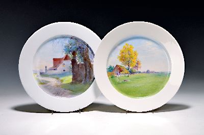 Paar Bildteller, Meissen, Formentwurf, Rudolf Hentschel, Dekor Entwurf und Ausführung wohl Arthur Bart 1878-1926, zwei Landschaftsmalereien, Form ...