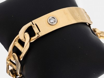 14 kt Gold Brillant-Armband, GG/WG 585/000,schwere qualitätvolle Verarbeitung, Gravurplatte frei, in WG gefasster Brillant ca. 0.25 ct Weiß/si, L. ...