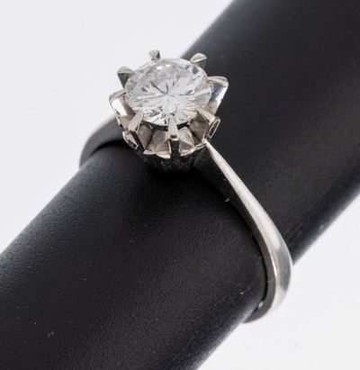 14 kt Gold Brillant-Ring, WG 585/000, Brillant ca. 0.99 ct (grav.) Weiß/si2 (beh.), RW 57, ca. 3.4 g