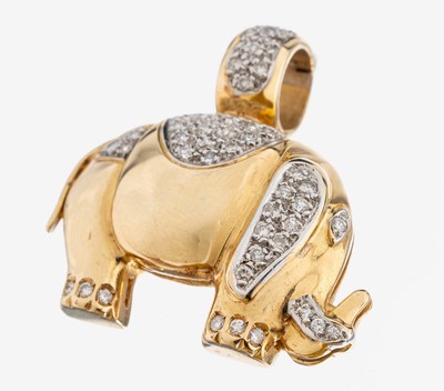 14 kt Gold Brillant-Clipanhänger, GG/WG 585/000, Darstellung eines Elefanten, 47 Brillanten zus. ca. 0.60 ct Weiß/p, (lt. Schmuckpass), ca. 3.3 x ...