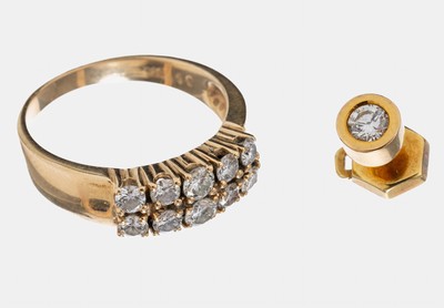 14 kt Gold Brillant-Konvolut, GG 585/000, best. aus: 1 Ring, RW 56, 10 Brillanten zus. ca. 0.75 ct Weiß/if, und 1 Stickpin, Brillant ca. 0.20 ct ...