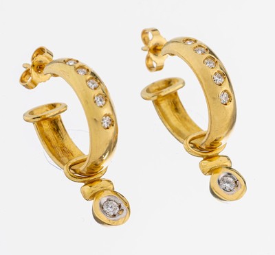 Paar 18 kt Gold Diamant-Ohrcreolen, GG 750/000, 10 8/8-Diamanten zus. ca. 0.10 ct Weiß/si, abnehmbare Einhänger mit 2 Brillantenzus. ca. 0.14 ct ...