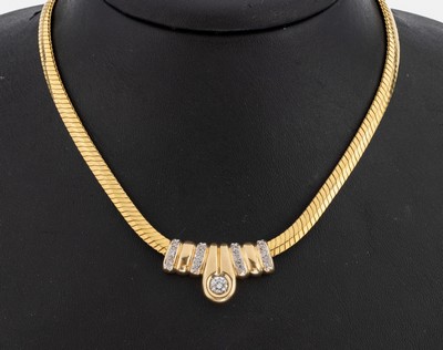 14 kt Gold Brillant-Anhänger, GG 585/000, geometrisch, mittig Brillant ca. 0.35 ct Weiß/p, 12 weitere Brillanten zus. ca. 0.15 ctWeiß/p, an ...