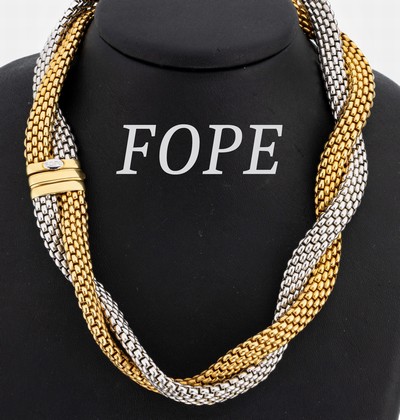 18 kt Gold FOPE Collier, GG/WG 750/000, ineinander geflochtener GG und WG Strang, hochwertige Verarbeitung, L. ca. 44.5 cm, Kastenschloss mit ...