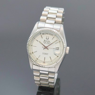 BULOVA Super Seville Day-Date Herrenarmbanduhr in Stahl Referenz 33821, Schweiz verk. lt. beil. Garantie 11/1997, Automatik, beids. vergl. Geh., ...