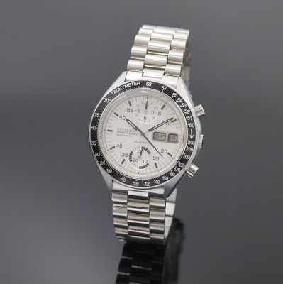 CITIZEN Armbandchronograph mit Flyback in Stahl Referenz 67-9313, Japan um 1980, Automatik, Boden verschr., neutr. Stahlband m. Faltschl., Lünette ...