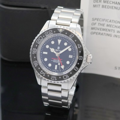 STEINHART Ocean GMT Herrenarmbanduhr in Stahl, Schweiz um 2011, Automatik, Boden u. Krone verschr., eins. drehb. Lünette m. 24er- Teilung, orig. ...