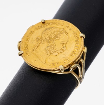 14 kt Gold Münz-Ring, GG 585/000, lose gefasste Goldmünze, 1 Dukat, Österreich- Ungarn, 1915, offizielle Nachprägung, RW 56, ca. 6.0 g