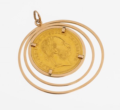 14 kt Gold Münz-Anhänger, GG 585/000, lose gefasste Goldmünze, 1 Dukat, Österreich- Ungarn, 1915, offizielle Nachprägung, ca. 6.3 g