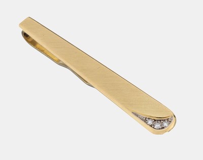 14 kt Gold Diamant-Krawattenklammer, GG 585/000, sat., schlicht, 3 kl. 8/8-Diamanten, L. ca. 5.4 cm, Clip Metall verg., ca. 7.9 g
